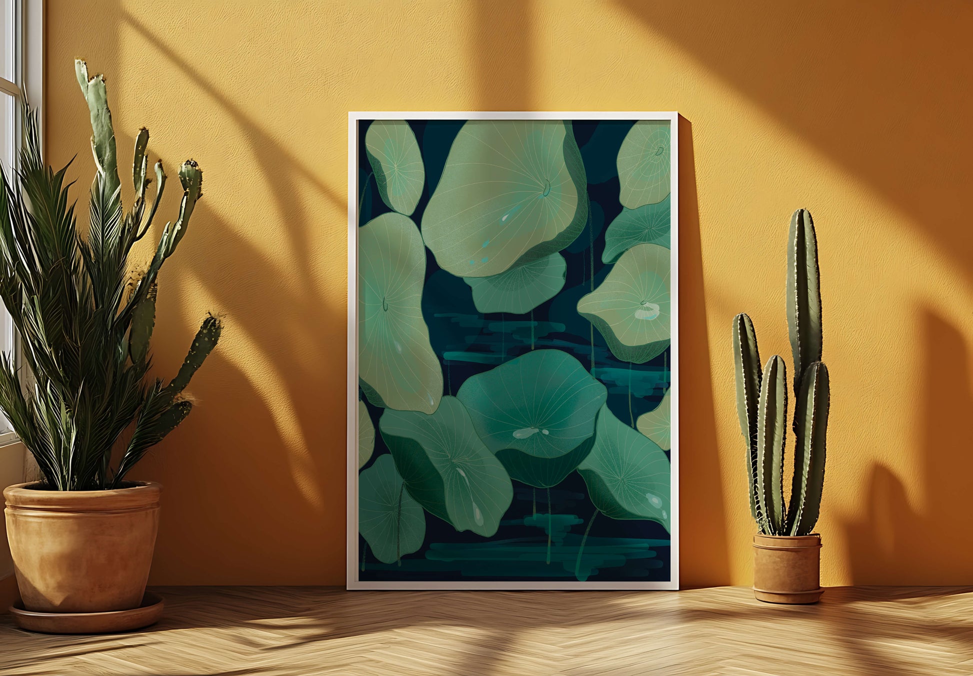 Green lily pads on a dark water background illustration