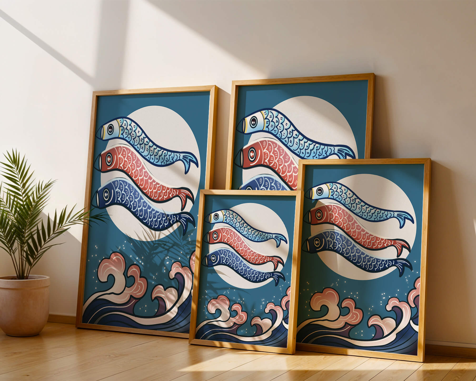 Colorful koi fish kites against a full moon with ocean waves