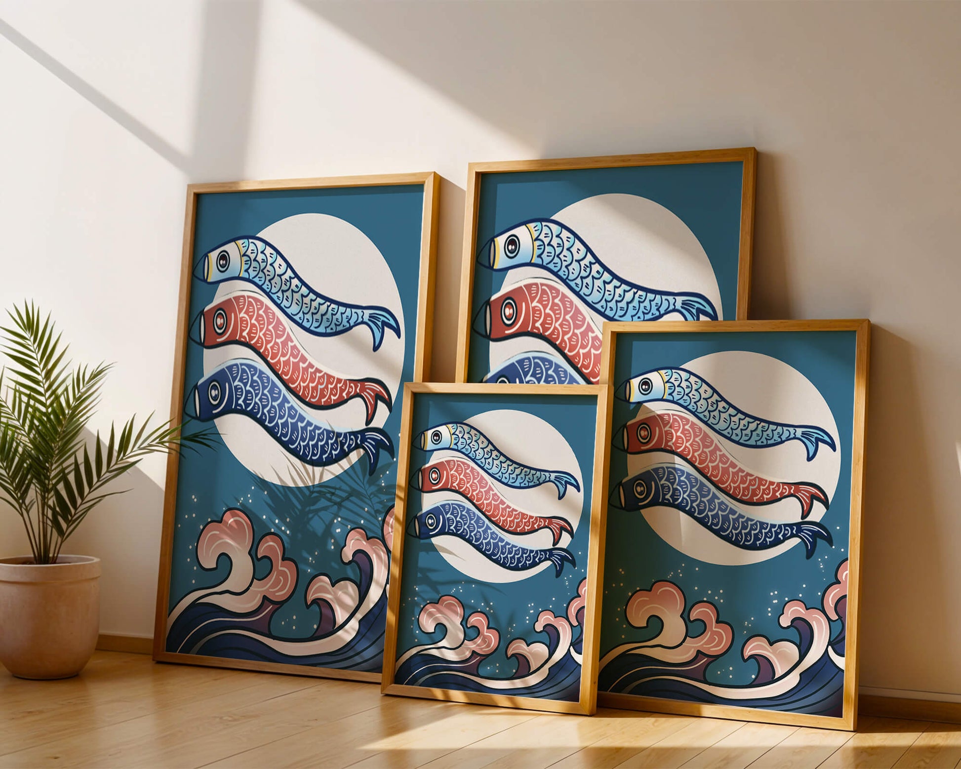 Colorful koi fish kites against a full moon with ocean waves