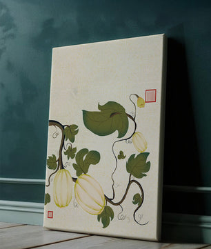 Illustration botanique élégante de melons et de vignes sur un fond texturé