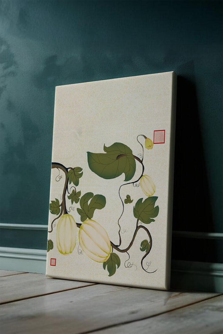 Illustration botanique élégante de melons et de vignes sur un fond texturé