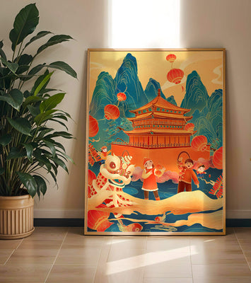 Traditional Chinese festival with lanterns and lion dance