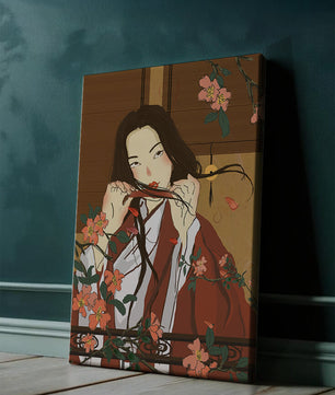 Japanerin spielt Flöte zwischen Blumen in traditioneller Umgebung