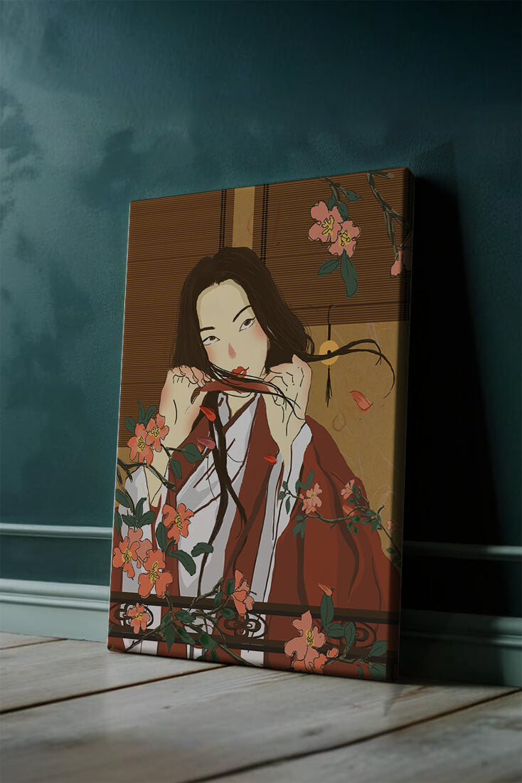 Japanerin spielt Flöte zwischen Blumen in traditioneller Umgebung