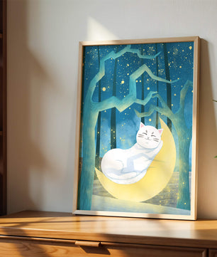 Cat sleeping on the moon in an enchanted forest under the starry sky
