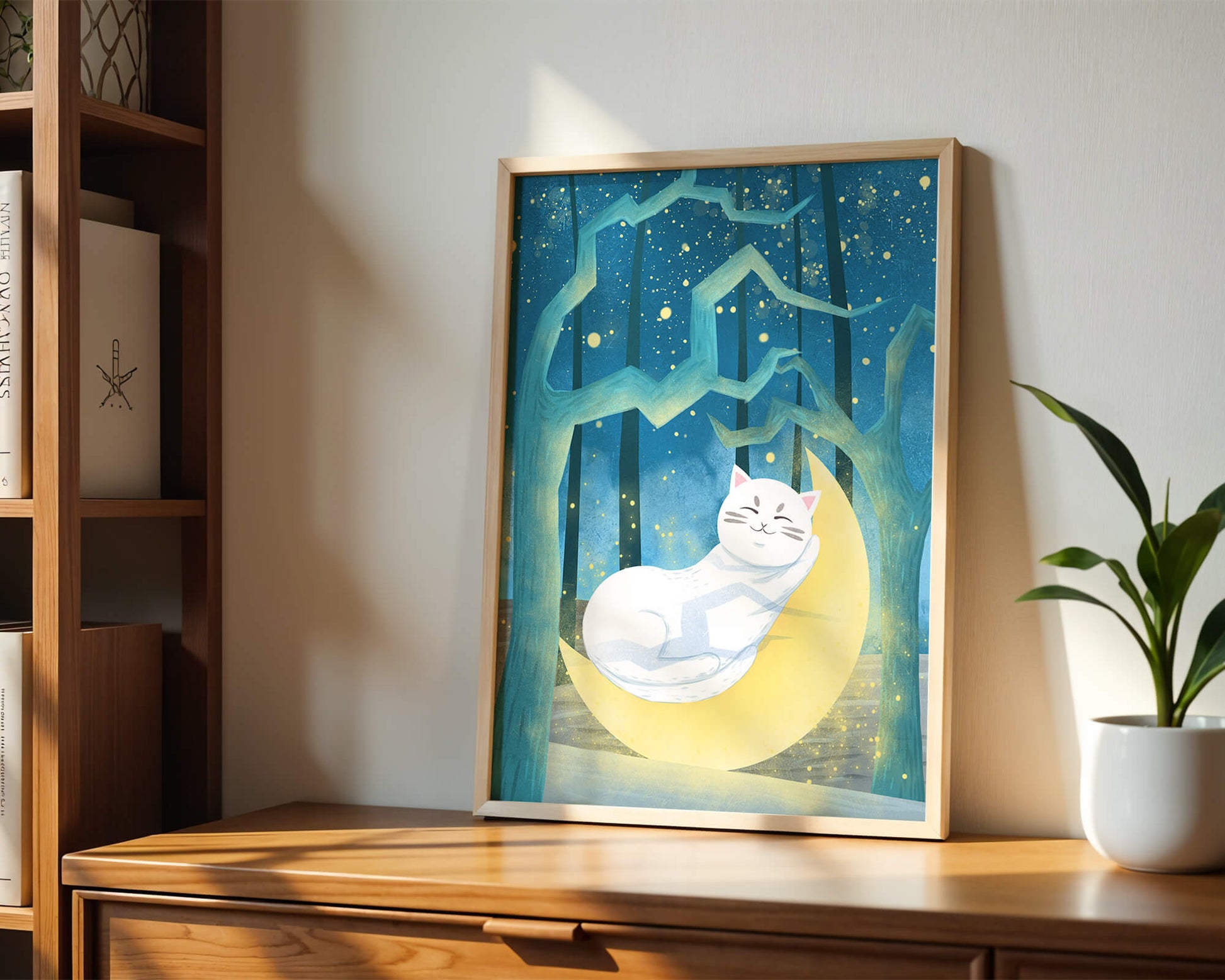Cat sleeping on the moon in an enchanted forest under the starry sky