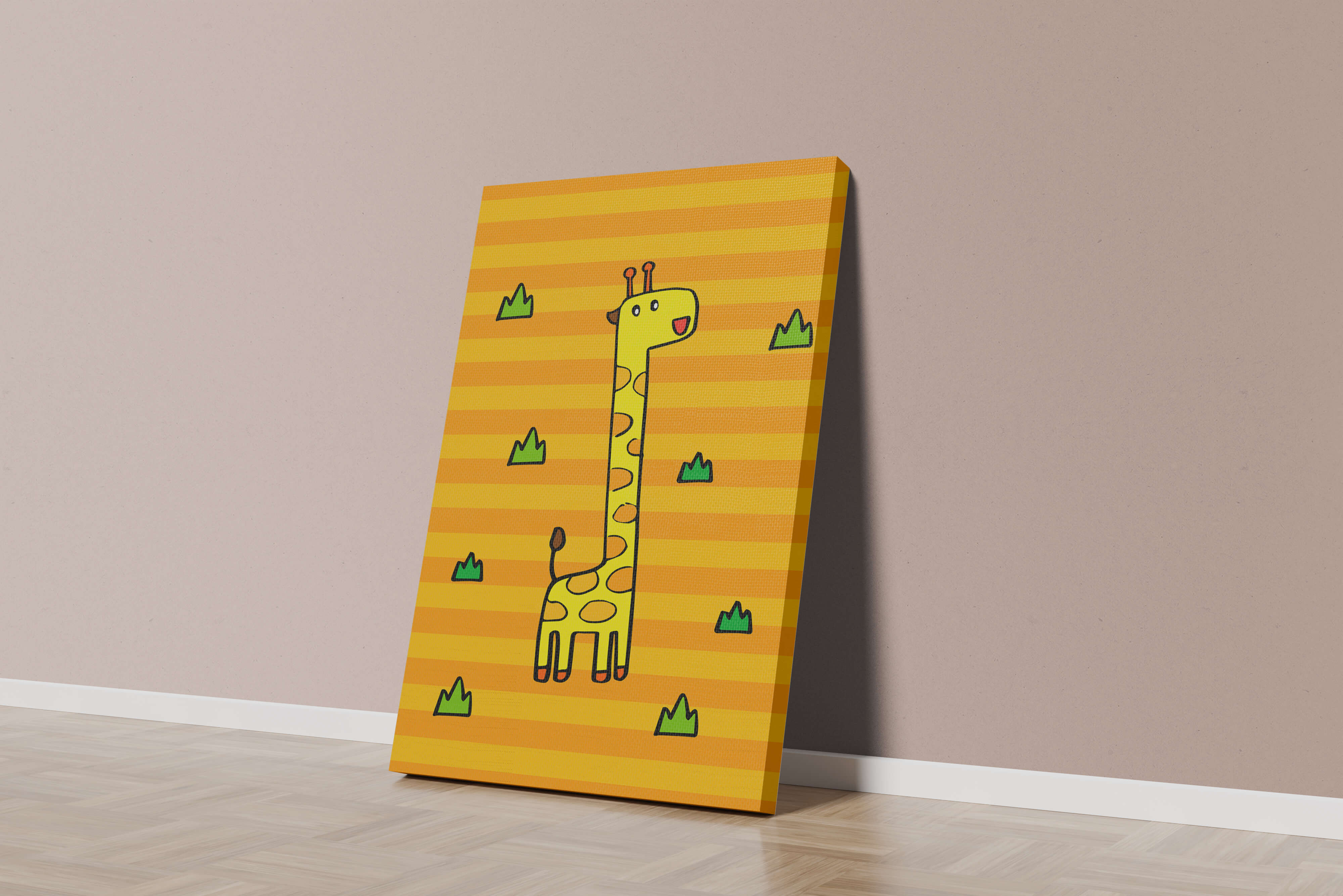 Bright cartoon giraffe illustration on a striped background