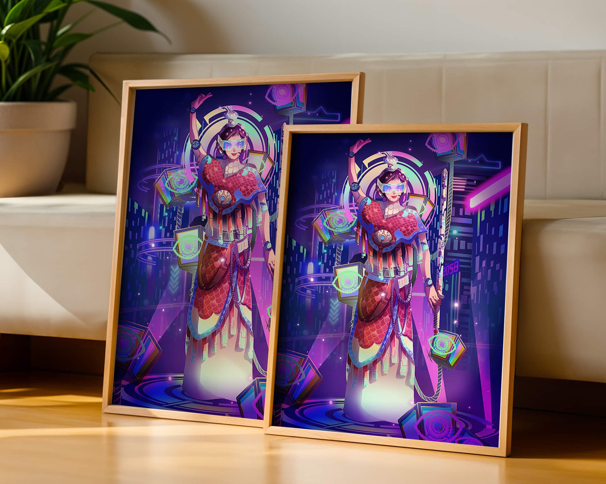 Futuristic warrior in vibrant neon cityscape with digital elements