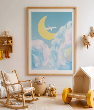Ilustración de cielo panorámico con avión y luna creciente