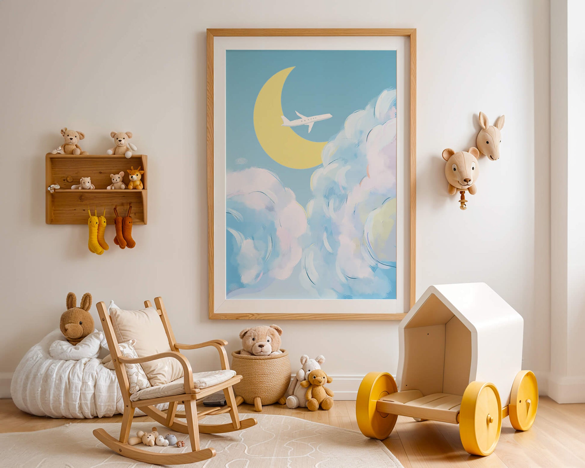 Scenic sky illustration with airplane and crescent moon