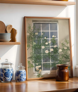 Floral Window with Climbing Roses in a Tranquil Setting