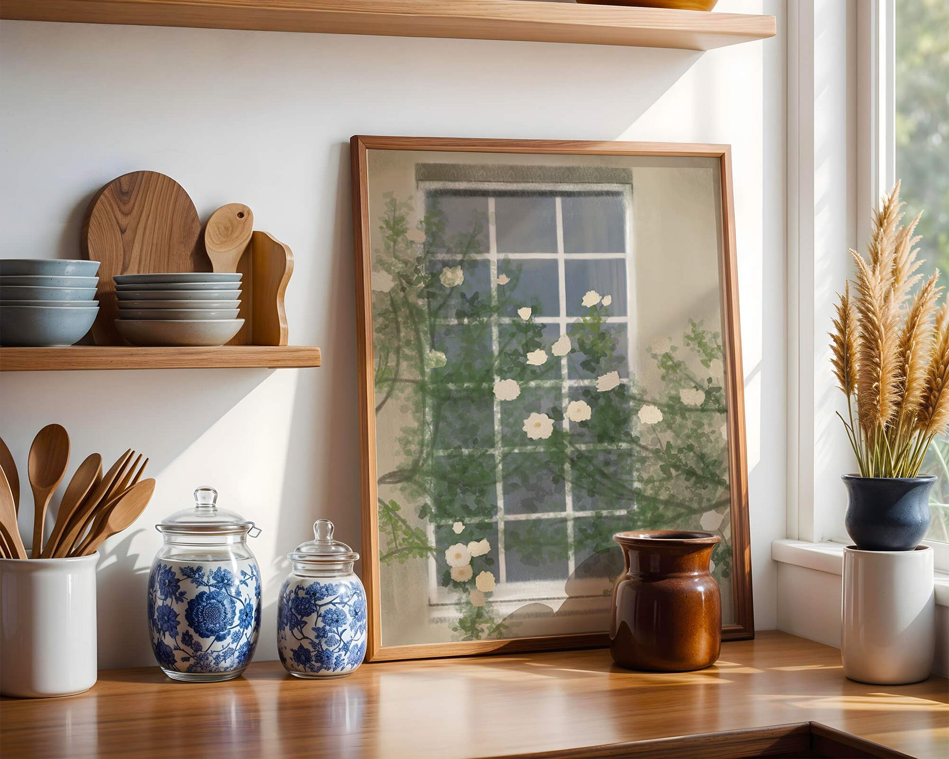 Floral Window with Climbing Roses in a Tranquil Setting
