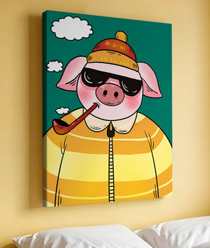 Cerdo elegante con gafas de sol y pipa contra un cielo turquesa