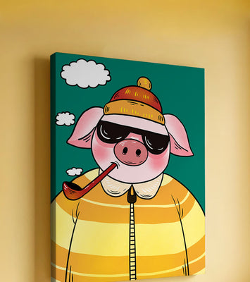 Stylish pig with sunglasses and pipe against a teal sky