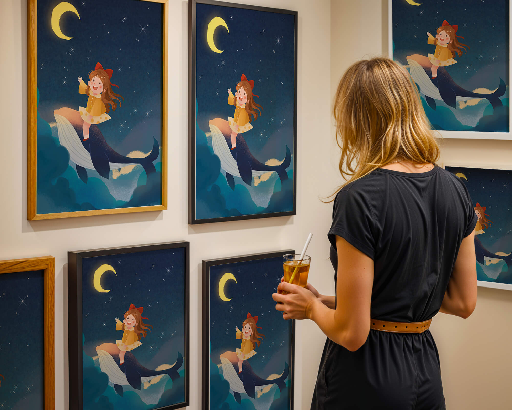 Girl on a whale under starry night sky