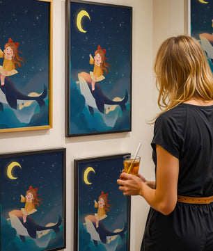 Girl on a whale under starry night sky