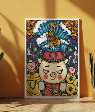 Colorful illustration featuring a whimsical pig and koi fish with decorative elements