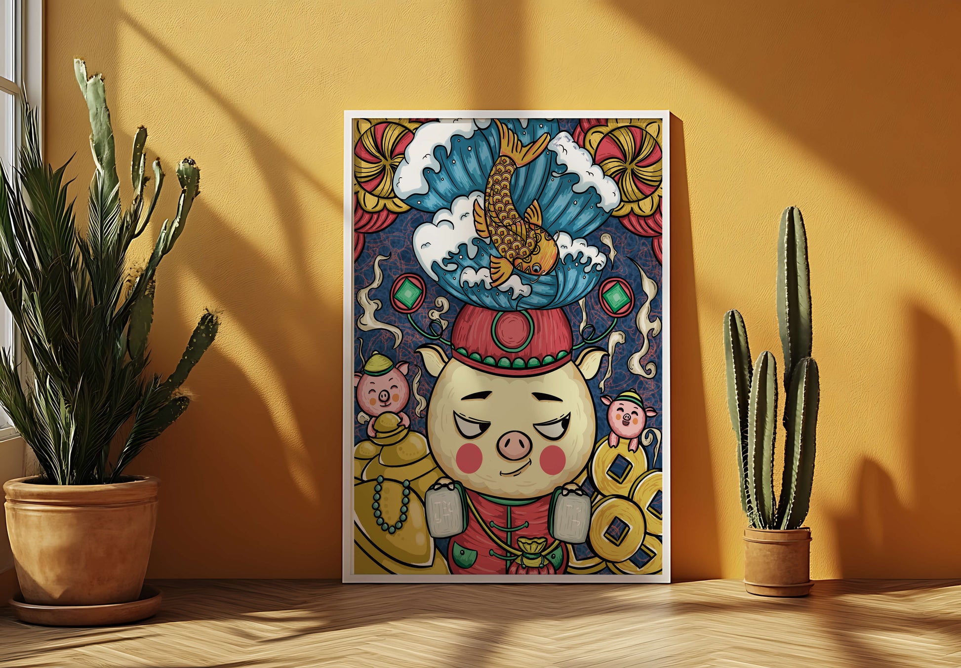Colorful illustration featuring a whimsical pig and koi fish with decorative elements