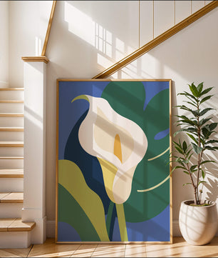 Ilustración floral abstracta con fondo verde y azul