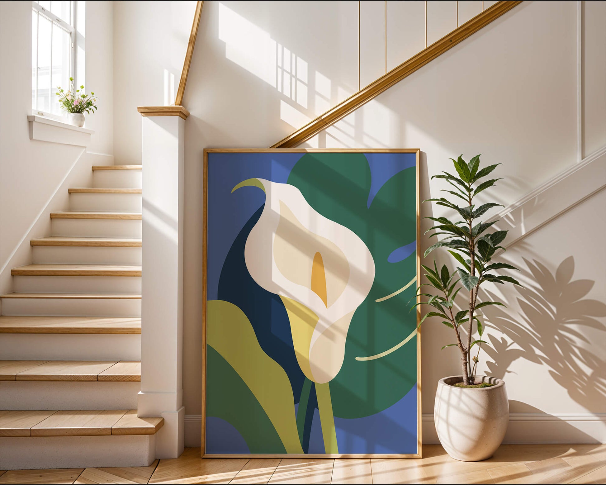 Ilustración floral abstracta con fondo verde y azul