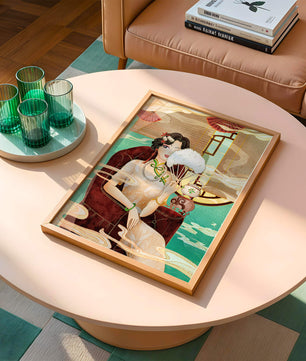 Œuvre d'art élégante d'inspiration asiatique vintage représentant une femme avec un éventail