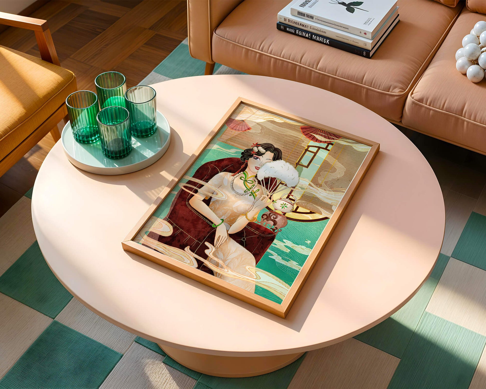 Elegant vintage Asian-inspired artwork featuring a woman with a fan
