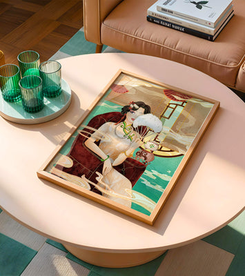 Elegant vintage Asian-inspired artwork featuring a woman with a fan