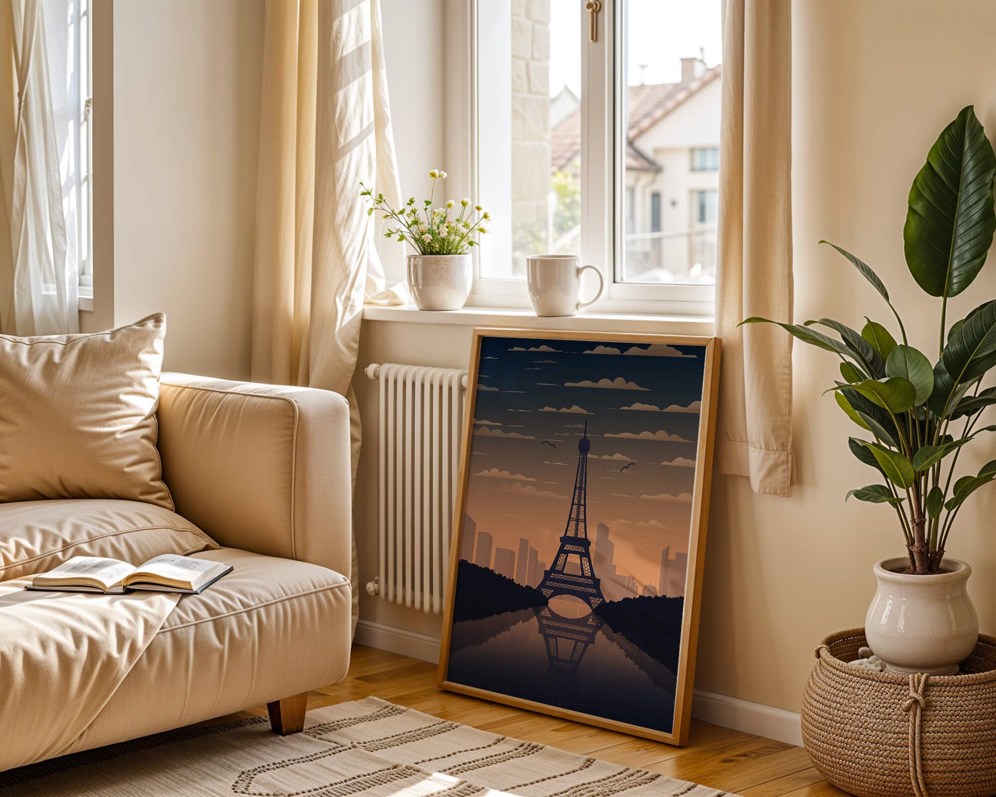 Scenic view of the Eiffel Tower at dusk with city skyline reflection