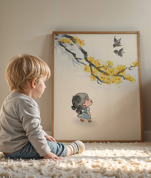 Charming illustration of a child gazing at birds and yellow blossoms