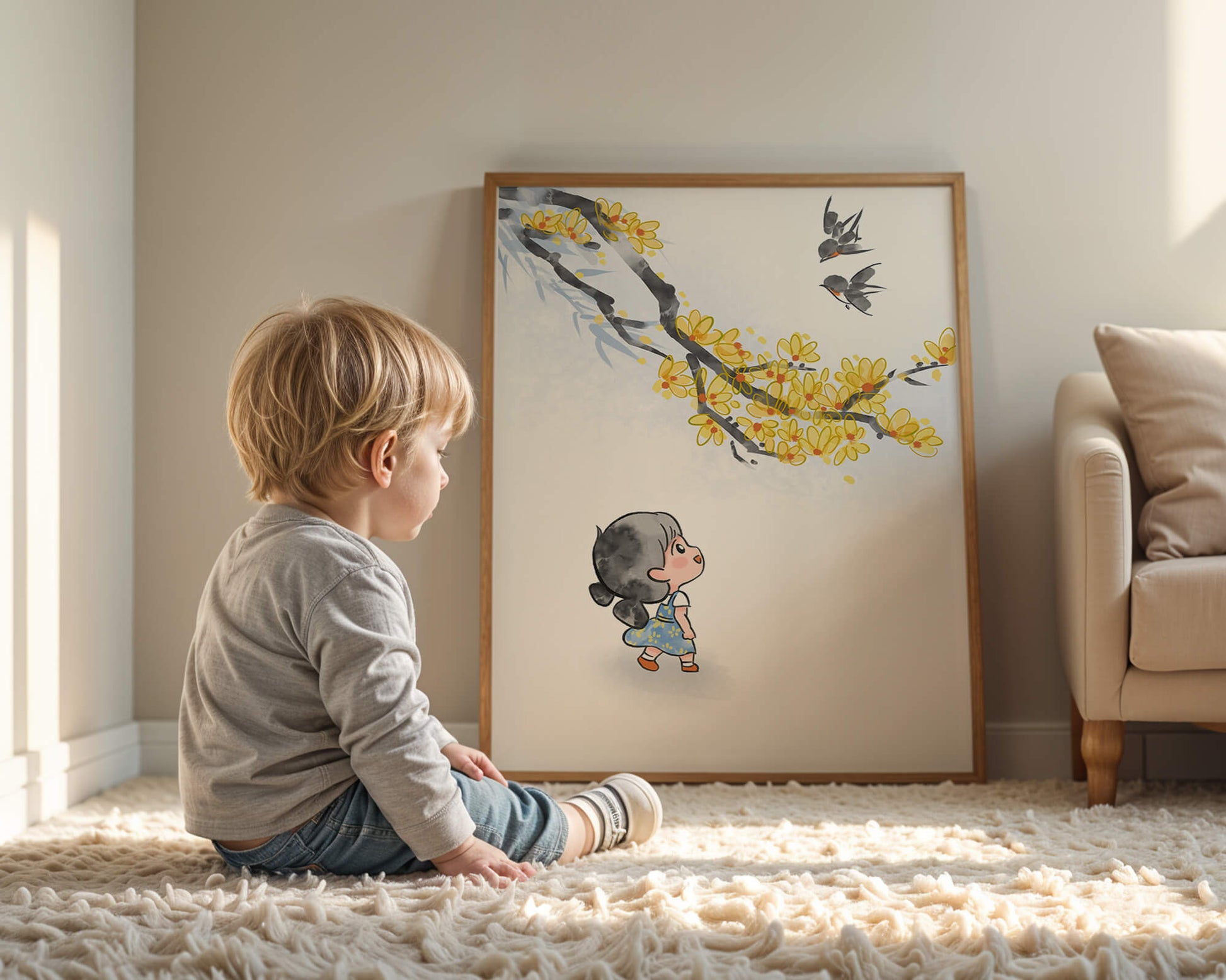 Charming illustration of a child gazing at birds and yellow blossoms