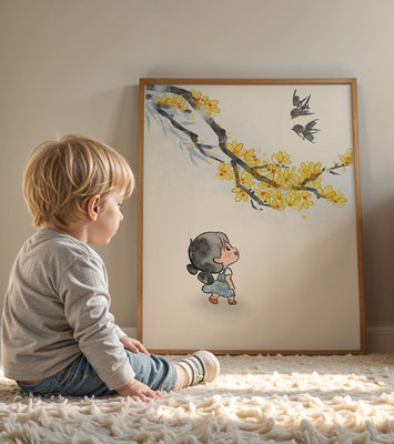 Charming illustration of a child gazing at birds and yellow blossoms