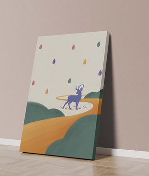 Colorful abstract deer illustration within a serene landscape