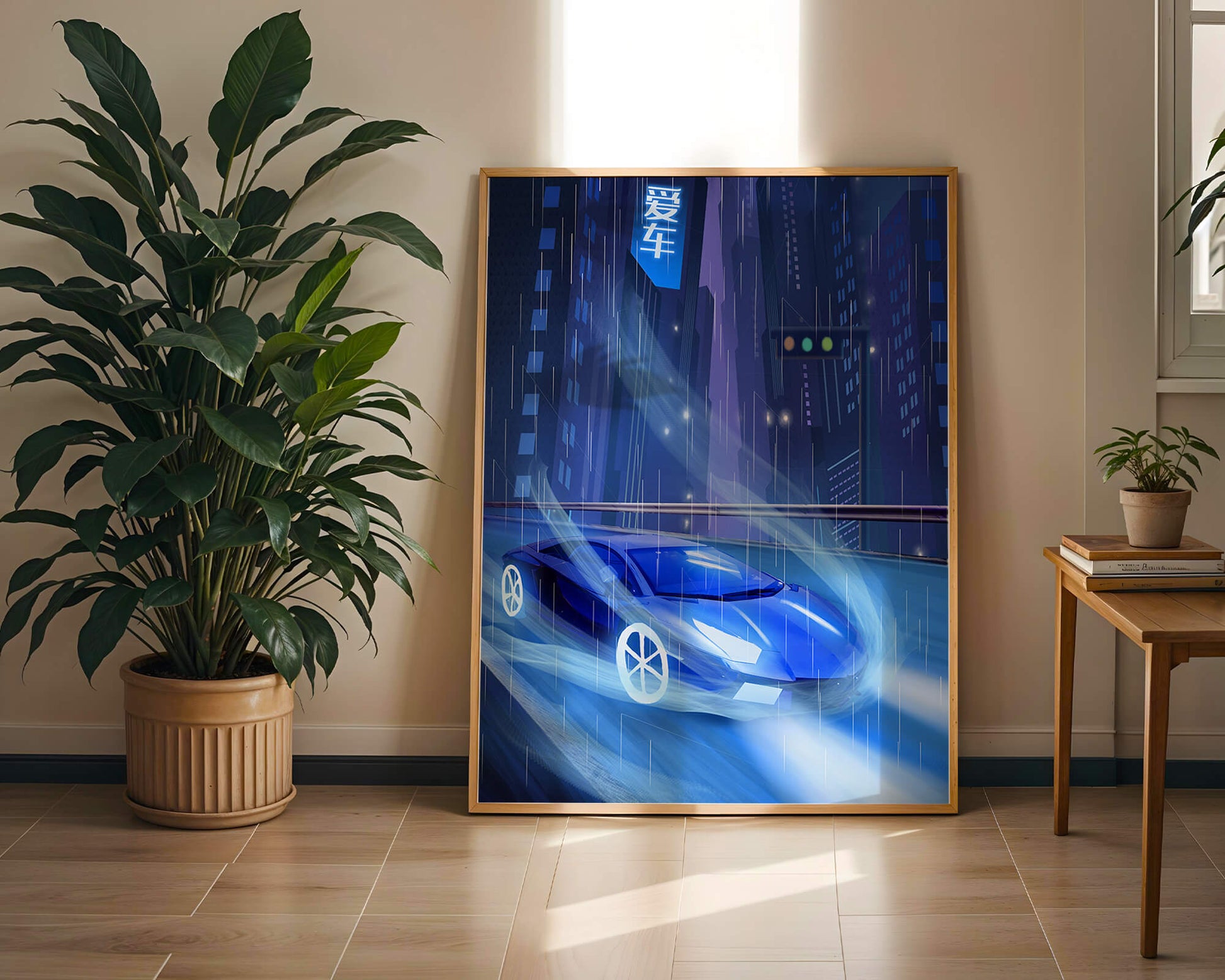 Futuristic blue car speeding through neon-lit rainy cityscape