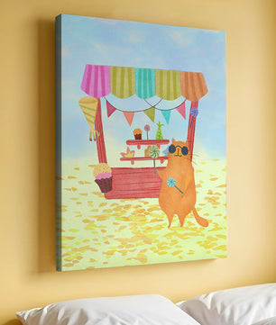 Gato ilustrado con gafas de sol en un puesto de dulces colorido