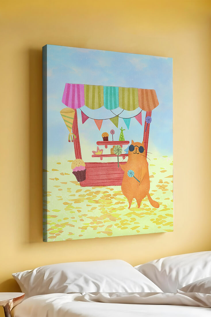 Illustrated Cat with Sunglasses at a Colorful Candy Stand
