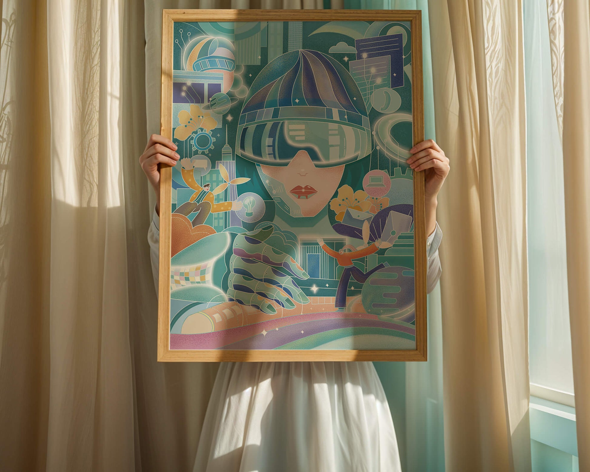 Futuristic digital art with virtual reality and technology themes