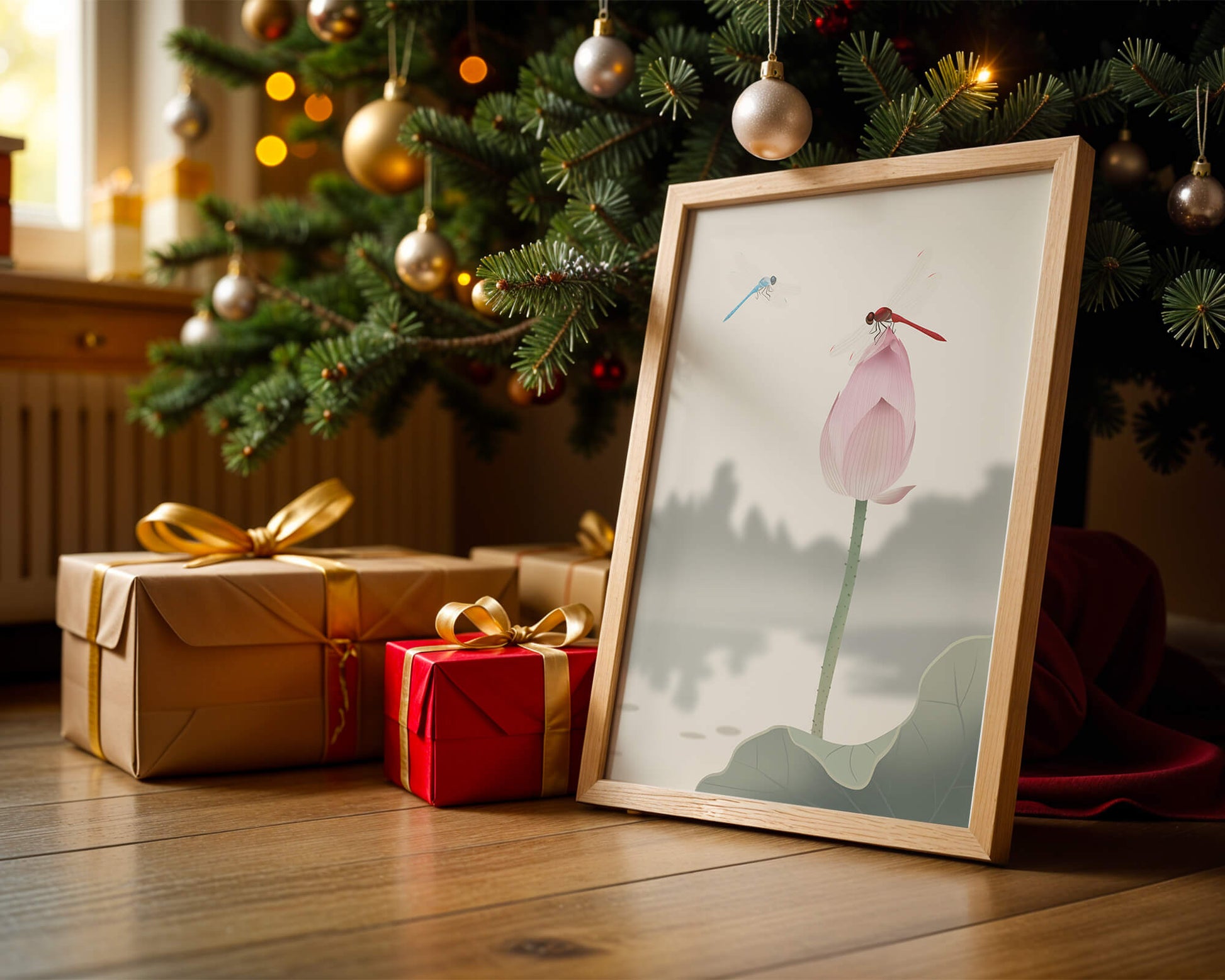 Libélulas sobre un capullo de loto con paisaje sereno