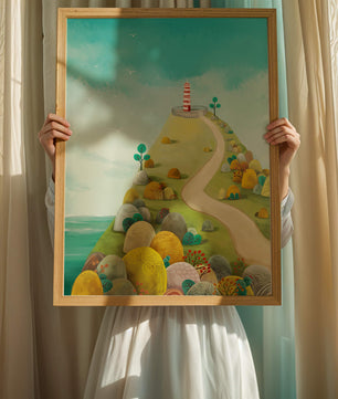 Charming lighthouse illustration on a scenic hilltop
