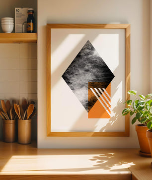 Abstract Geometric Composition with Orange Triangle and Cloudy Pattern - Mi tienda