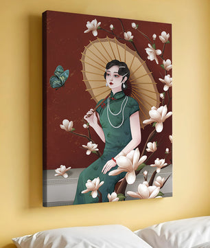 Mujer elegante con parasol y flores de magnolia sobre fondo rojo