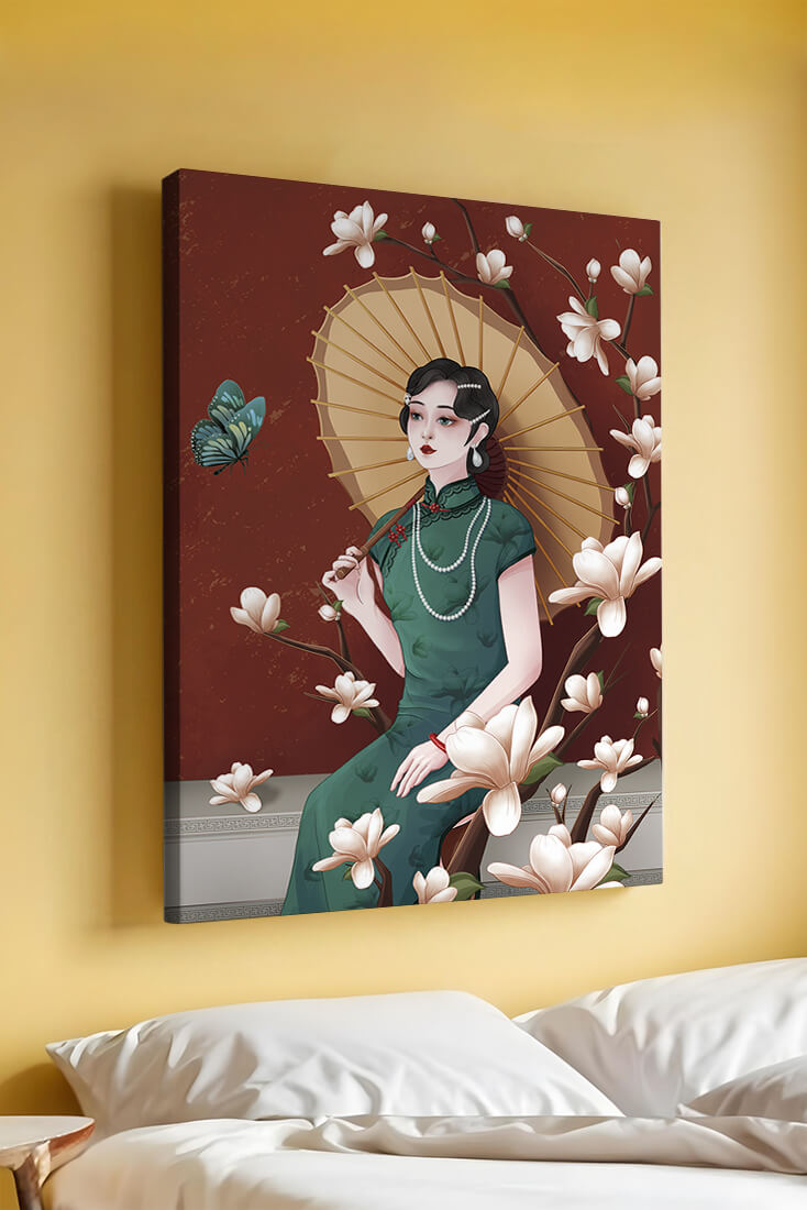 Mujer elegante con parasol y flores de magnolia sobre fondo rojo