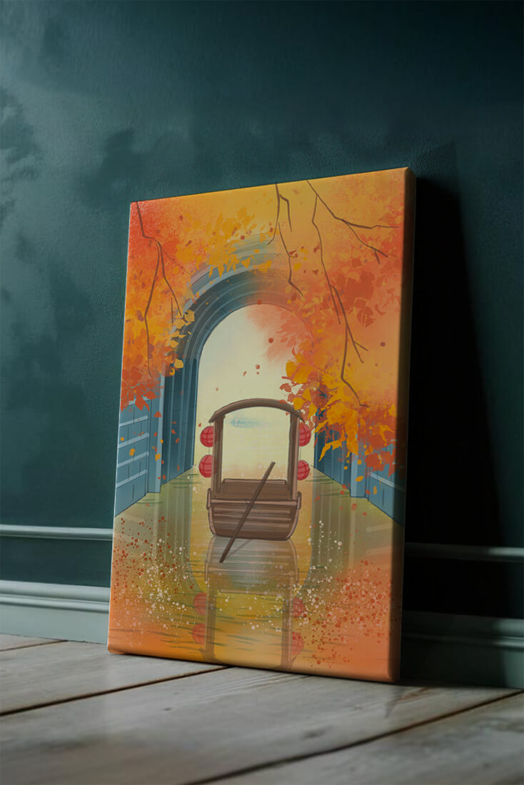 Serene autumn scene with archway and wooden boat