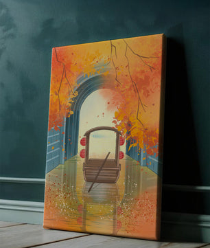 Serene autumn scene with archway and wooden boat