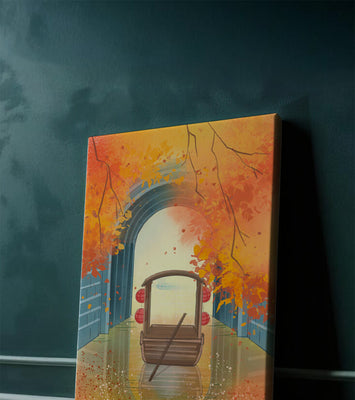 Serene autumn scene with archway and wooden boat