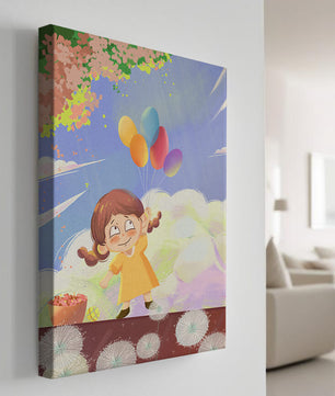 Whimsical illustration of a girl with balloons under vibrant pink blossoms
