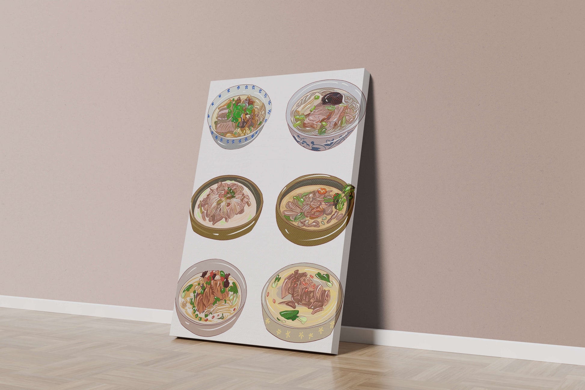 Illustrated bowls of Asian noodle soups with herbs and vegetables