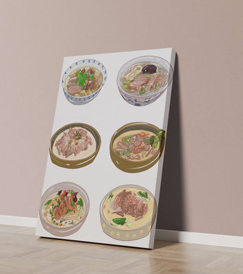 Illustrated bowls of Asian noodle soups with herbs and vegetables