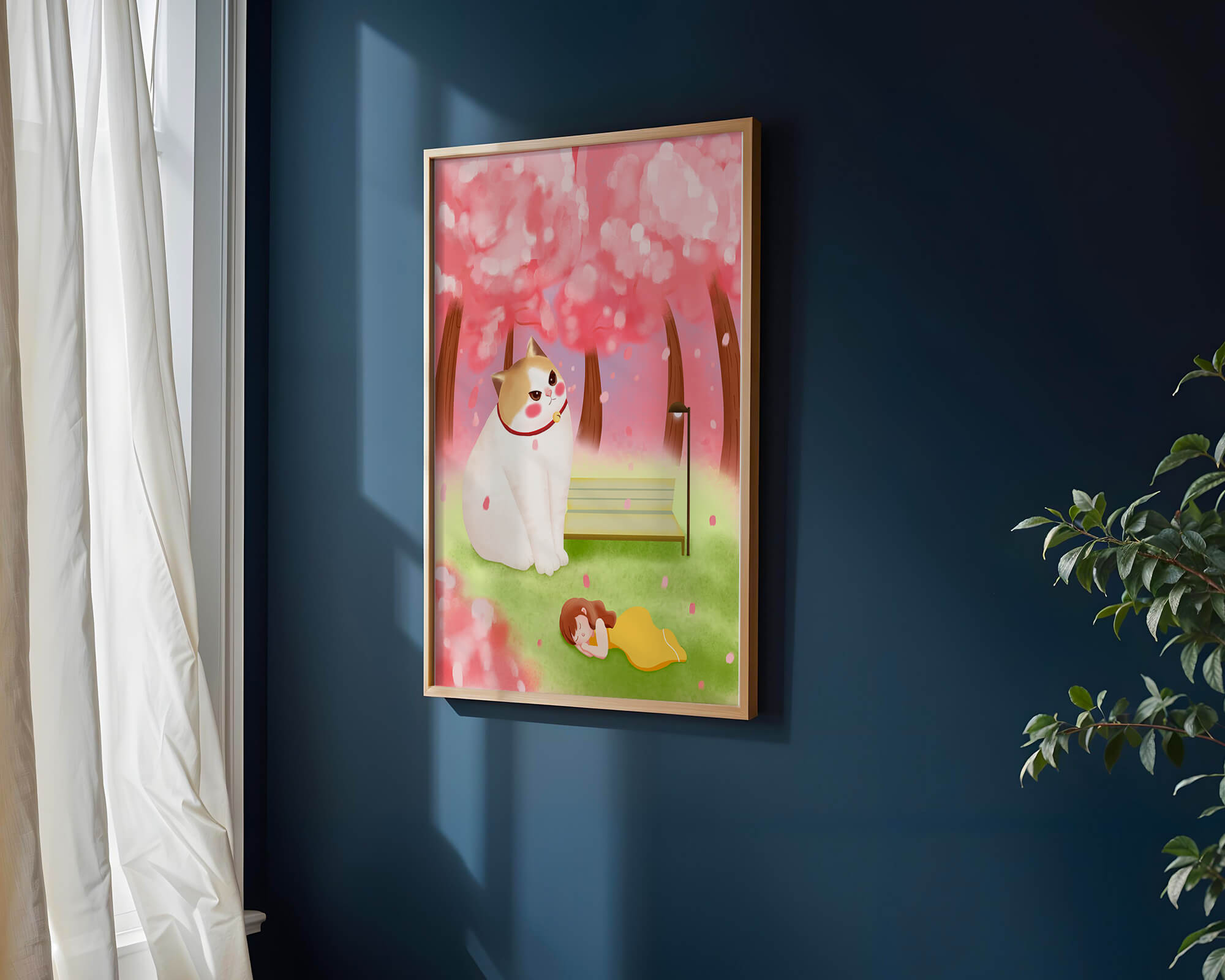 Whimsical scene with giant cat and girl under cherry blossoms