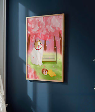 Whimsical scene with giant cat and girl under cherry blossoms