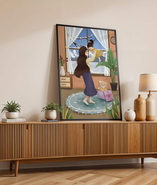 Mother and child bonding in a vibrant living room